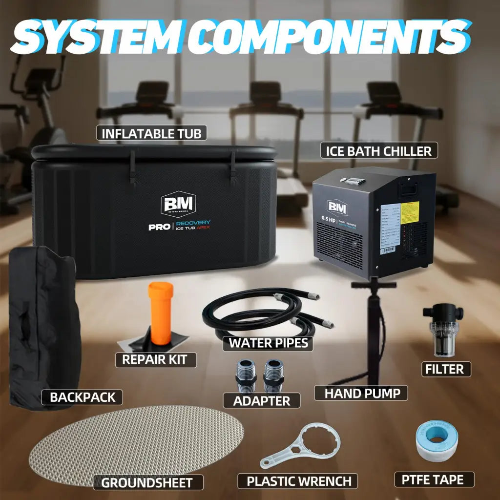 Black inflatable oval ice bath tub with 0.5 HP chiller and BM Pro Recovery branding