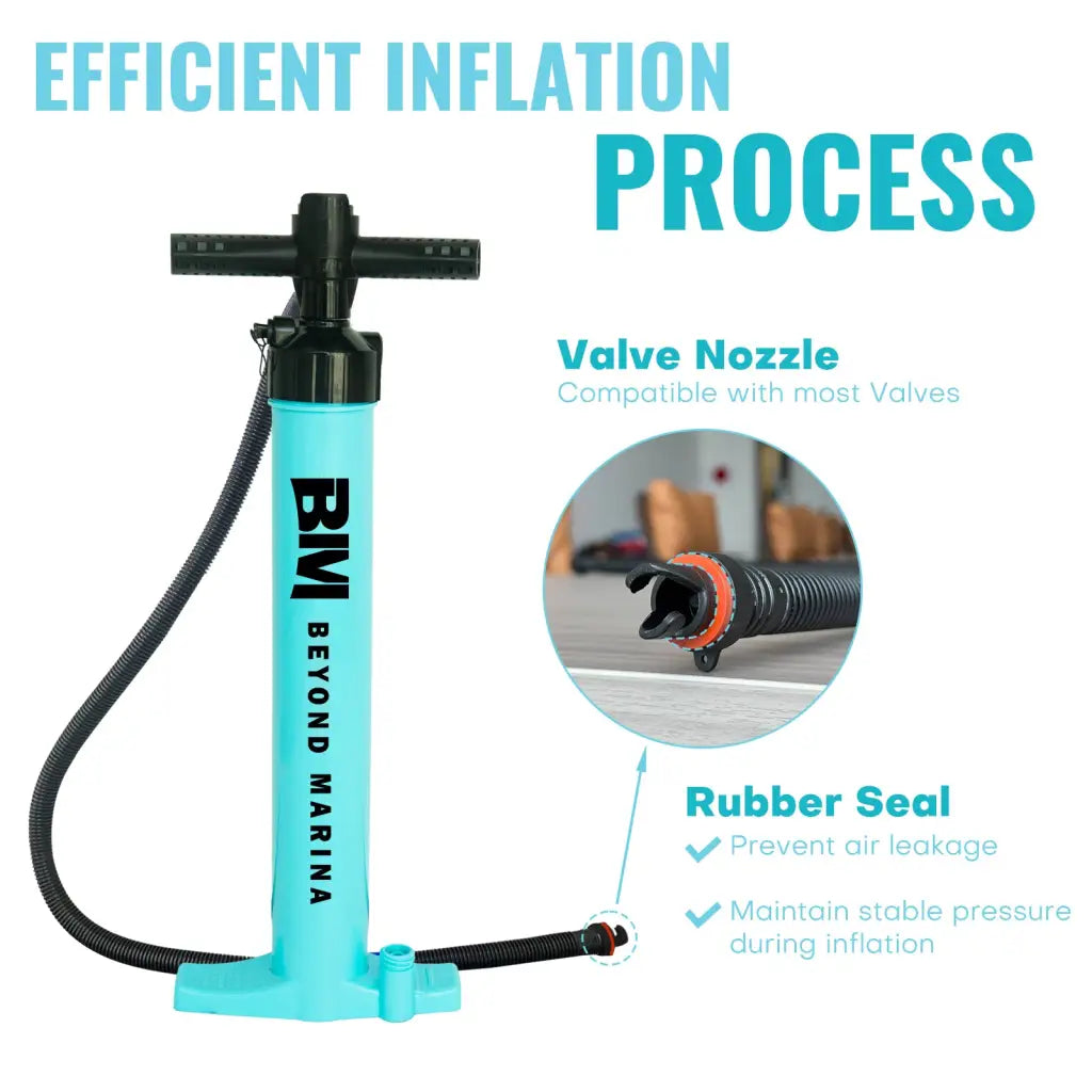 Blue and black manual air pump for inflatable paddle boards and ice tubs with double action hand pump