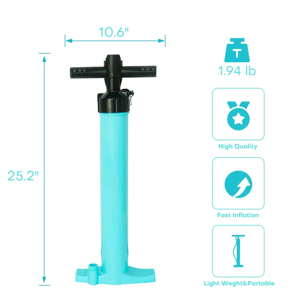 Blue double action hand pump for inflatable paddle boards and ice tubs with dimensions