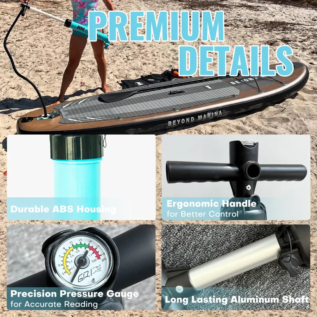 Inflatable paddle board pump with pressure gauge and double action hand pump for easy inflation