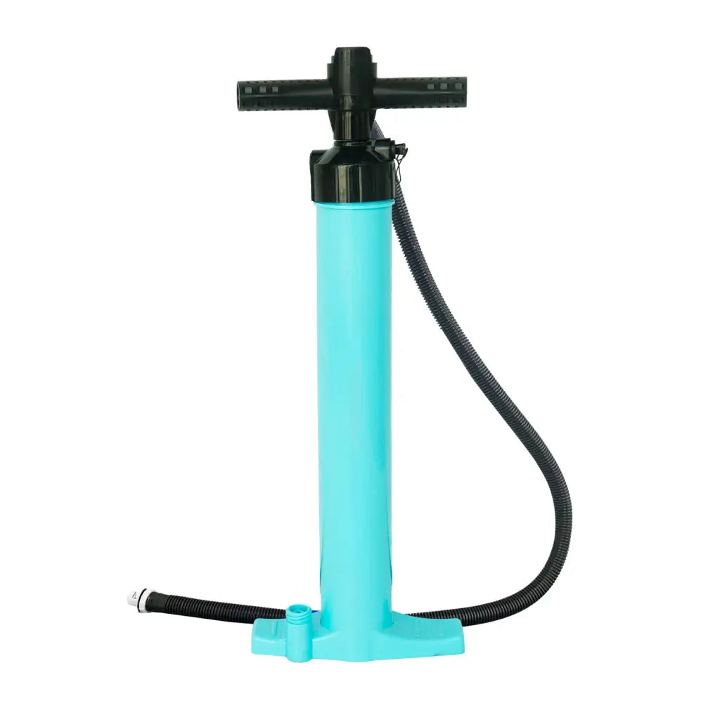 Aqua and black double action hand pump for inflatable paddle boards and ice tubs