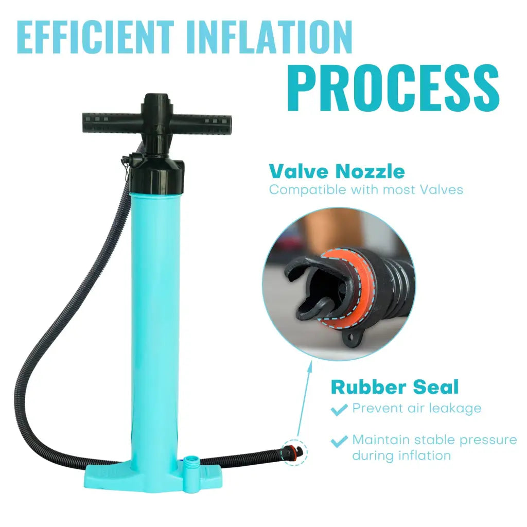 Aqua-colored double action hand pump for inflatable paddle boards and ice tubs