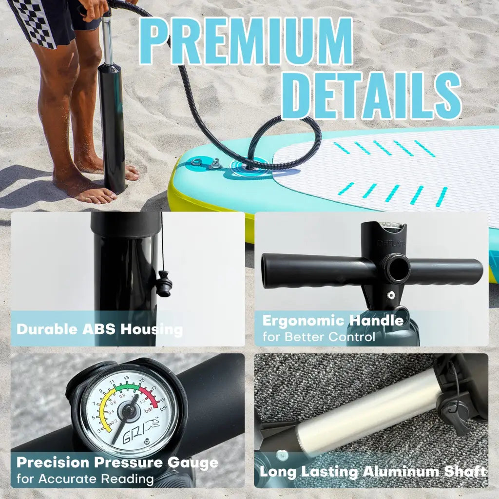Paddleboard pump with pressure gauge for inflatable paddle boards and ice tubs