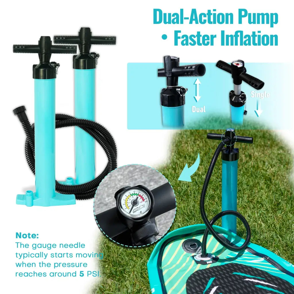 Dual-action inflatable paddle board pump with ice tub accessory for easy inflation
