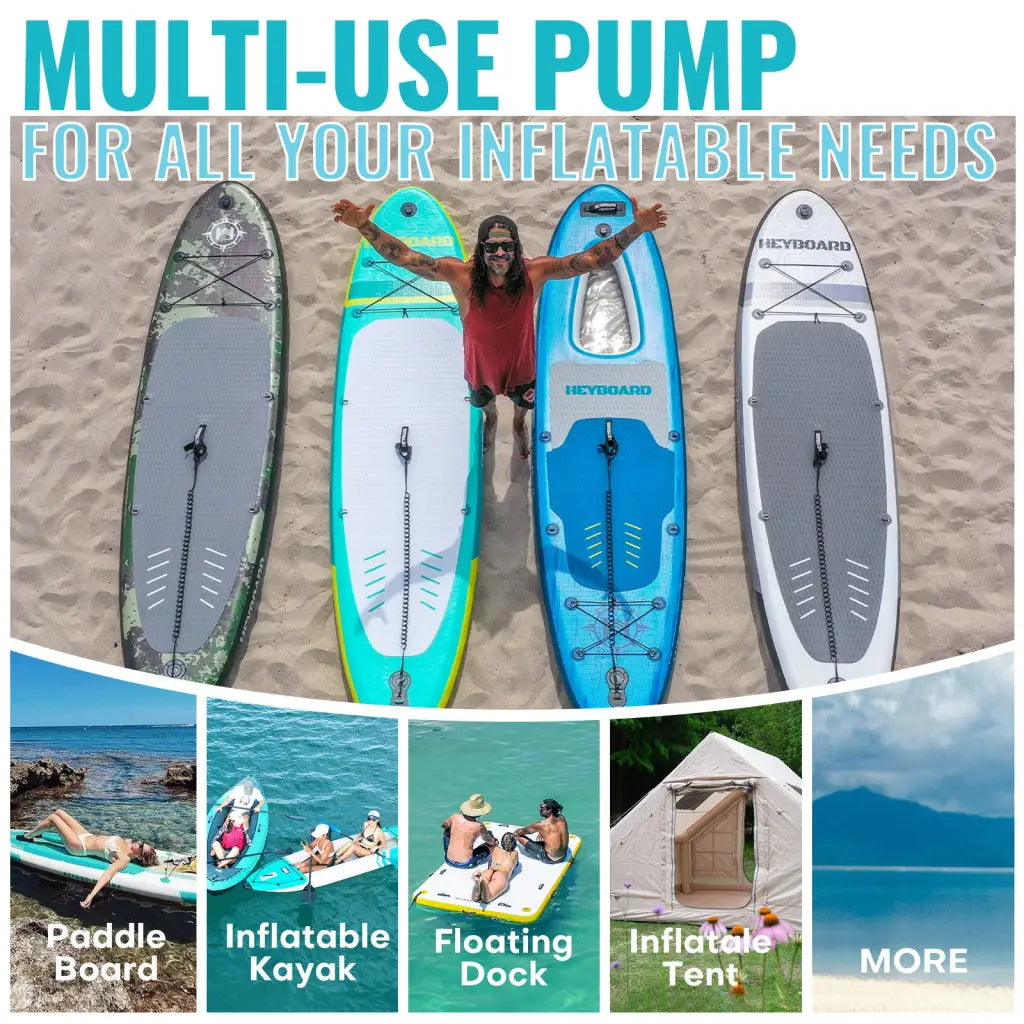 Inflatable paddle board with double action hand pump and ice tub accessories