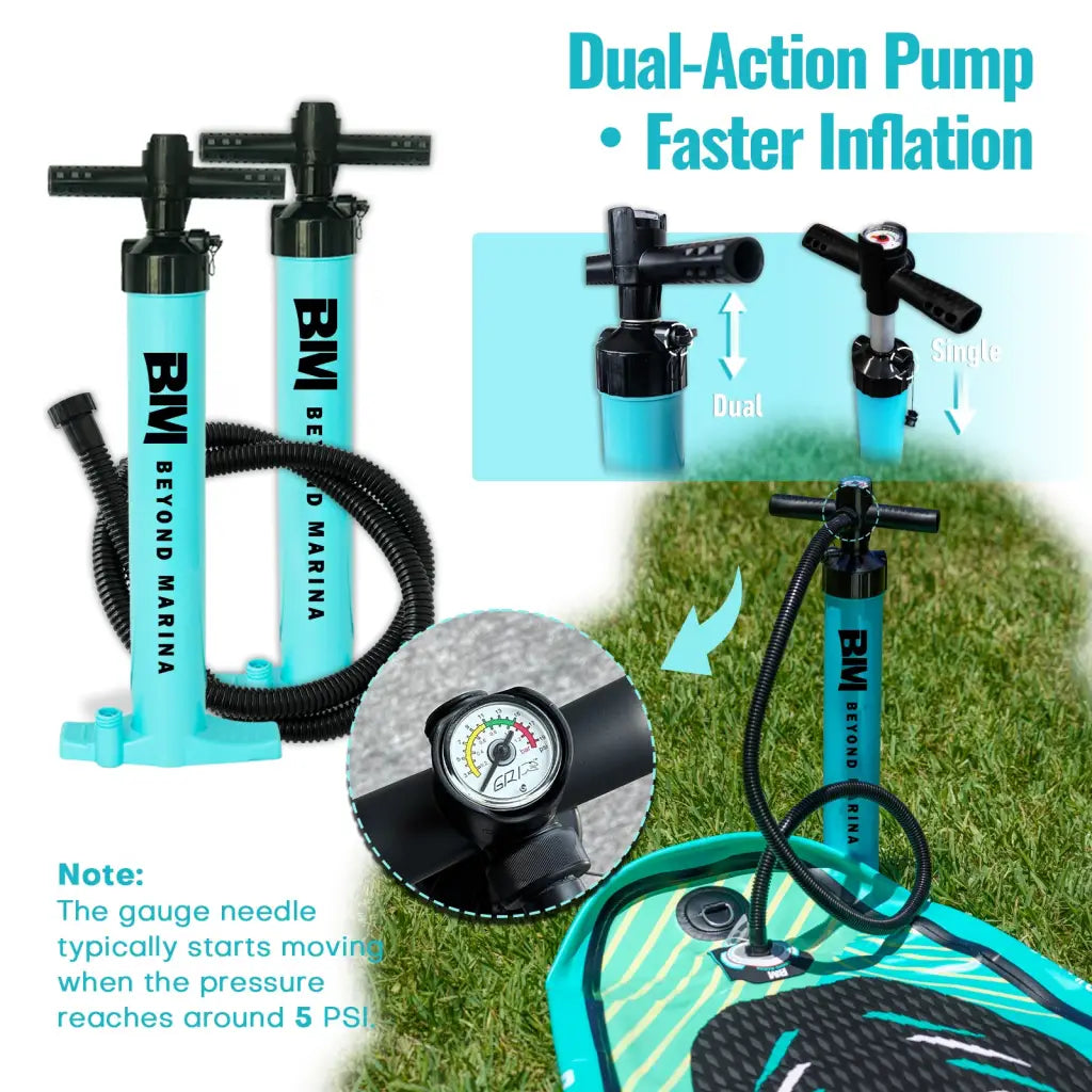 Dual-action hand pump for inflatable paddle boards and ice tubs for quick inflation