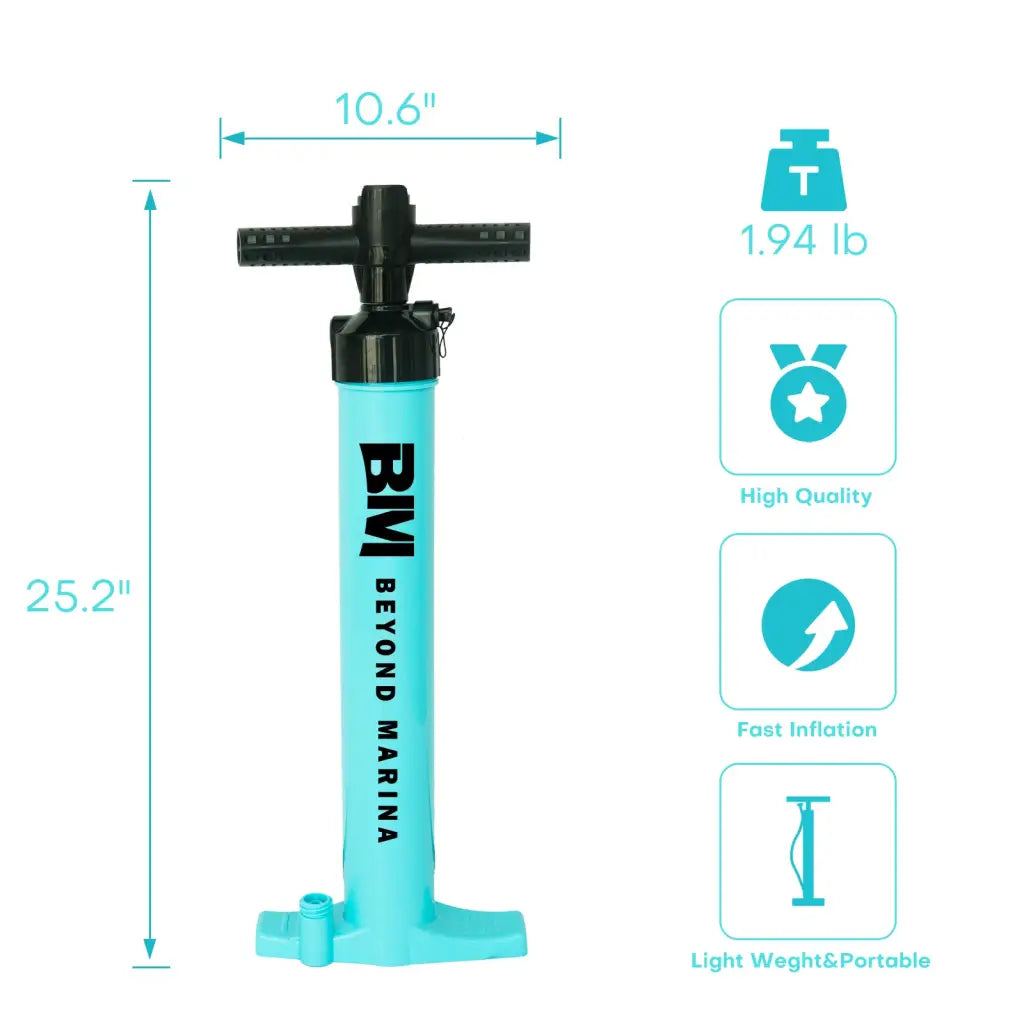 Blue and black double action hand pump with dimensions for inflatable paddle boards and ice tubs
