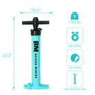 Blue and black double action hand pump with dimensions for inflatable paddle boards and ice tubs