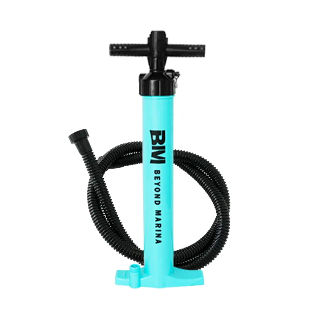 Aqua-colored manual air pump with black hose for paddle boards and inflatable ice tubs