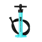 Aqua-colored manual air pump with black hose for paddle boards and inflatable ice tubs