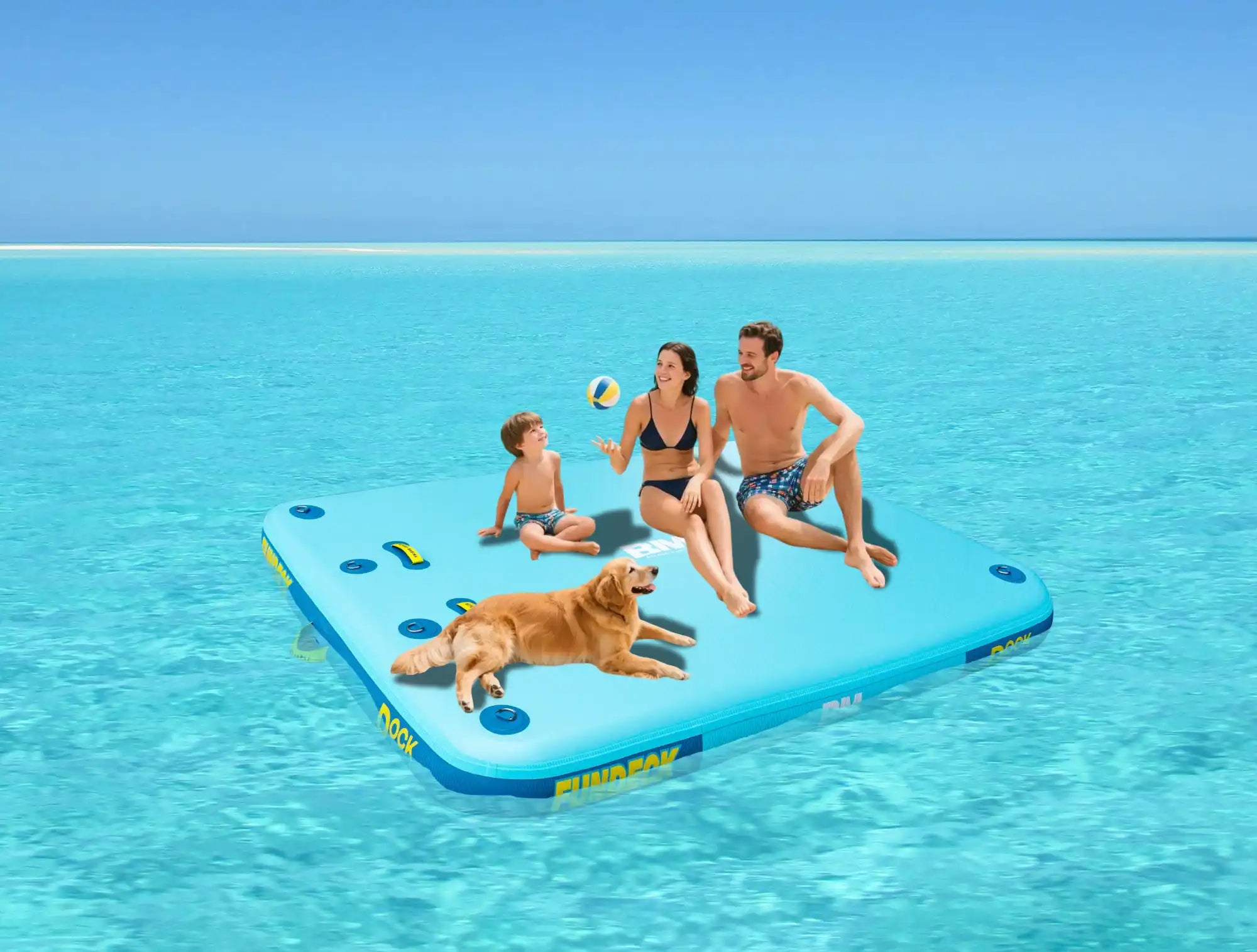 Inflatable floating platform with family and dog.