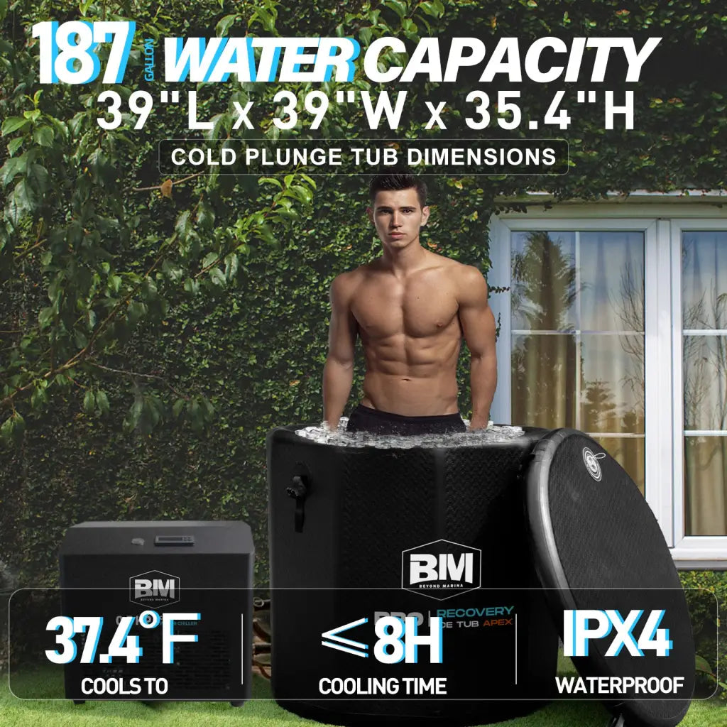 Black inflatable round ice bath tub with 187 gallon capacity and IPX4 rating