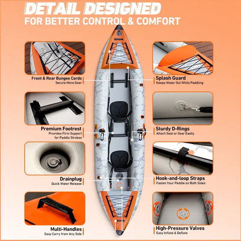 Inflatable tandem kayak with rigid drop-stitch floor and multiple handles
