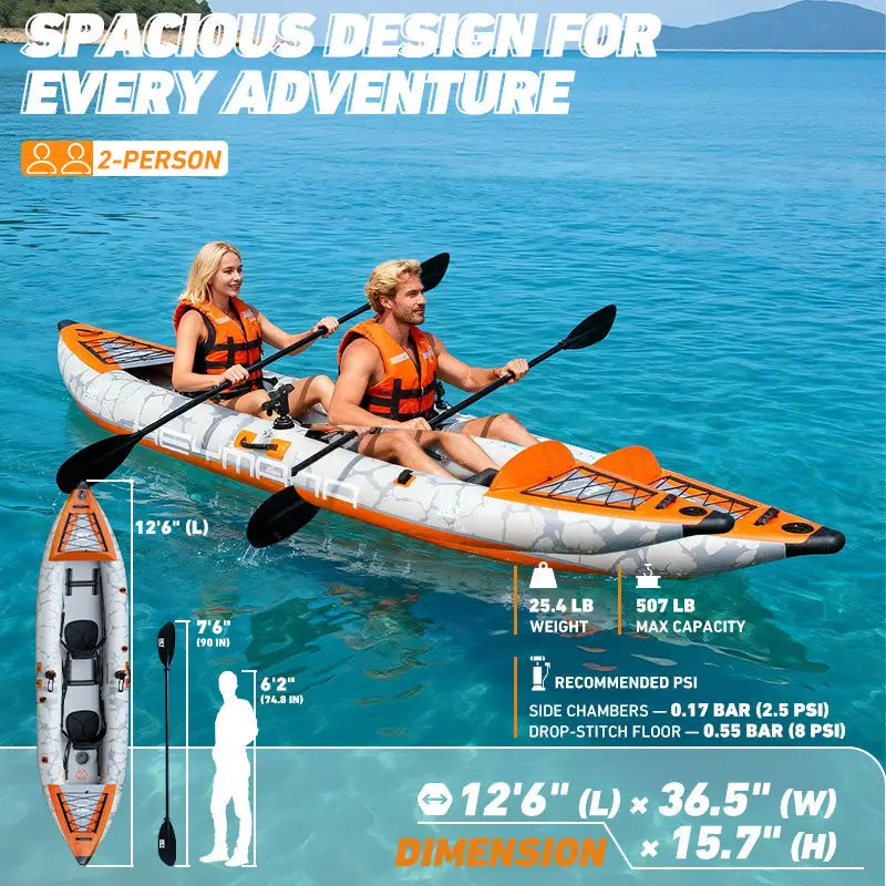 Orange and white inflatable tandem kayak with rigid drop-stitch floor