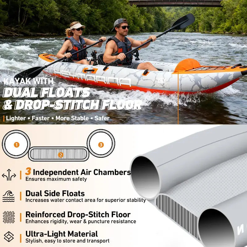 Orange and white inflatable tandem kayak with rigid drop-stitch floor