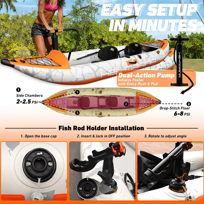 Inflatable tandem kayak with rigid drop-stitch floor and orange-white design