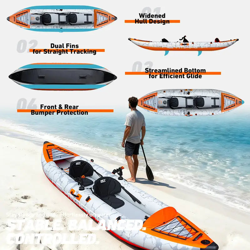 Inflatable tandem kayak with rigid drop-stitch floor and dual fins