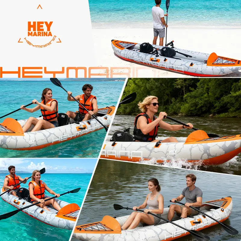 Hey Marina inflatable tandem kayak with drop-stitch floor and orange accents