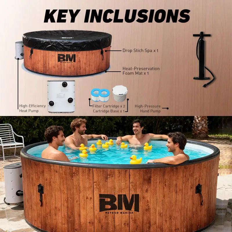 Luxurious wood-grain inflatable hot tub with Bivi heat pump and yellow ducks