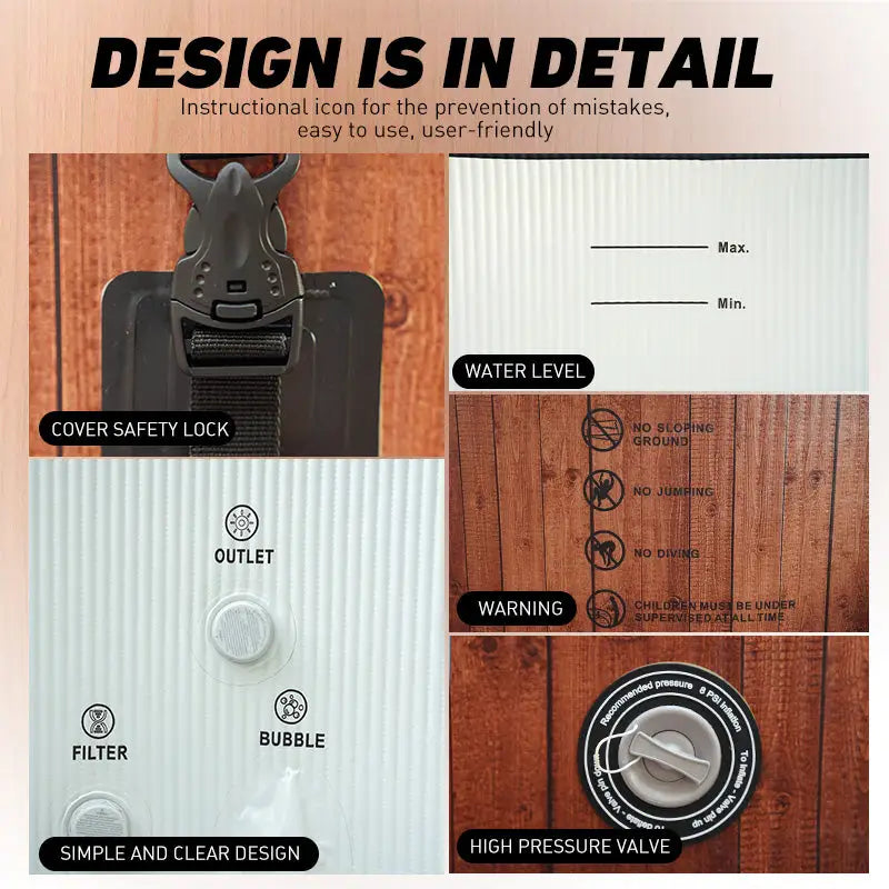 White and black filtered shower head in luxurious wood-grain inflatable hot tub
