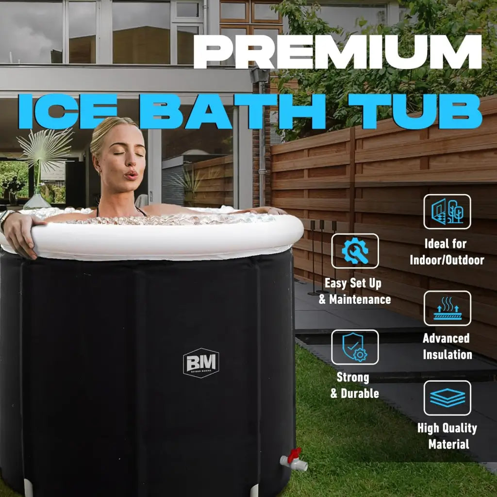 Woman in hot tub with premium bathtub displayed on BEYOND MARINA Ice Bath Tub RECOVERY POD