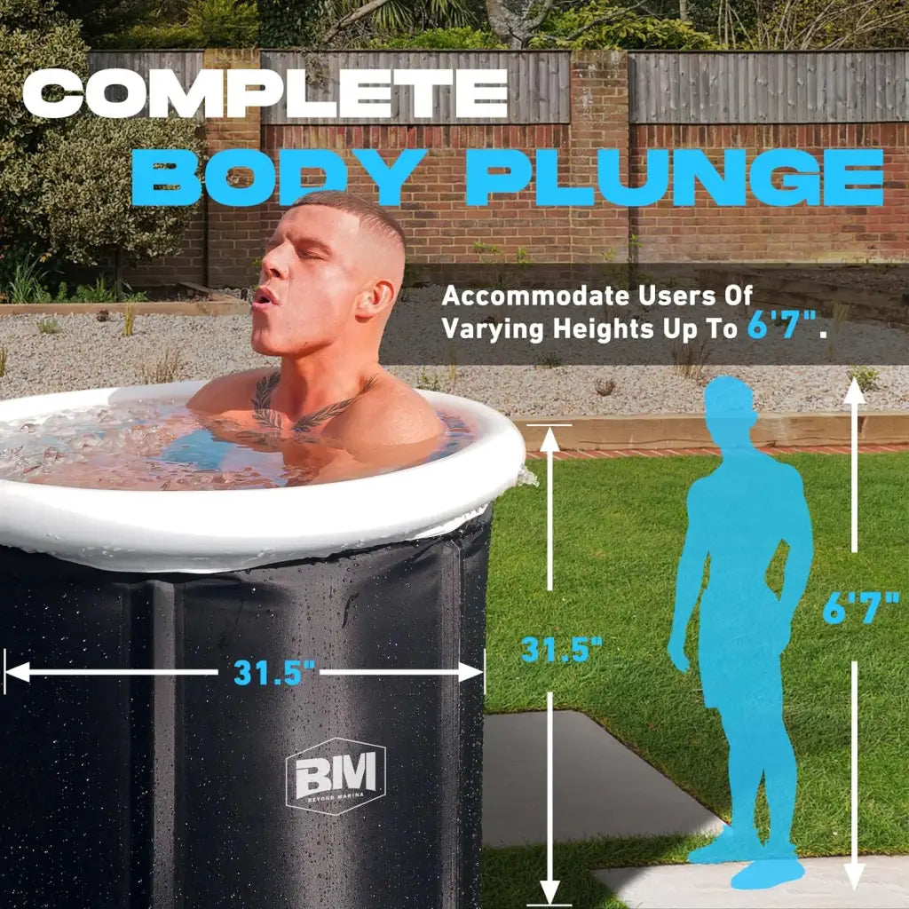 Man in hot tub with ’complete boy plunge’ on BEYOND MARINA Ice Bath Tub RECOVERY POD