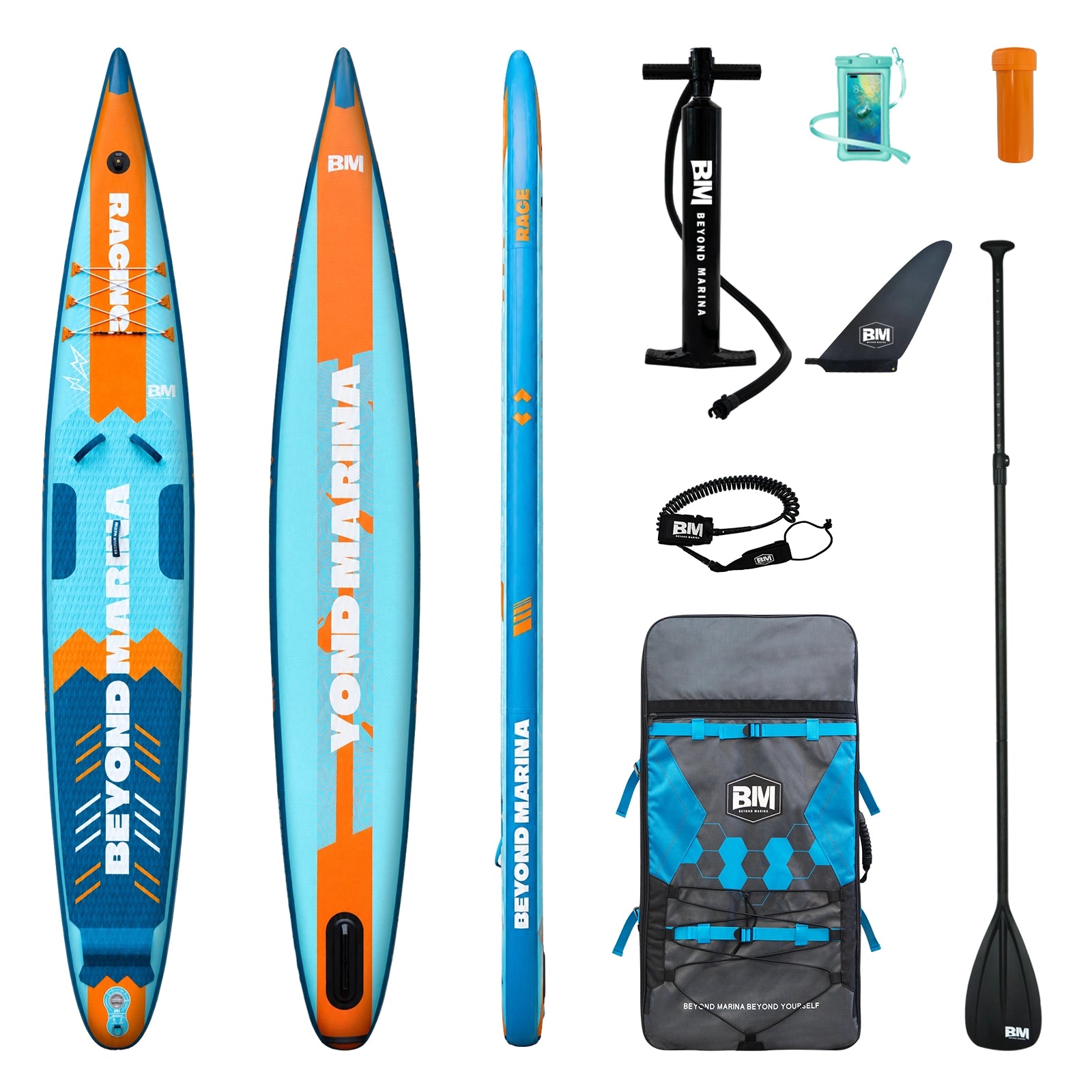 Paddleboard set shown on a white background with two views of the board, a paddle, a pump, leash, fins, bag, and accessories. The board features a blue and orange design with 'Beyond Marina' branding.