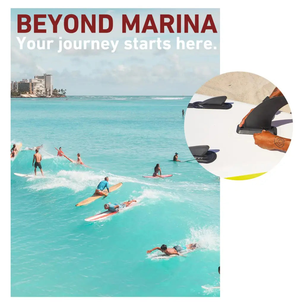 Surfers riding waves on inflatable paddle board with removable center fin for stability