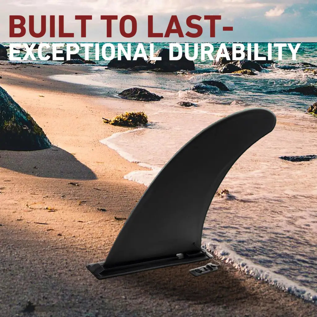Black removable center fin for SUP and kayak stability on inflatable paddle board