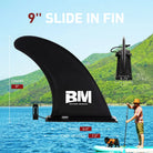 Black removable center fin for SUP and kayak stability on inflatable paddle board