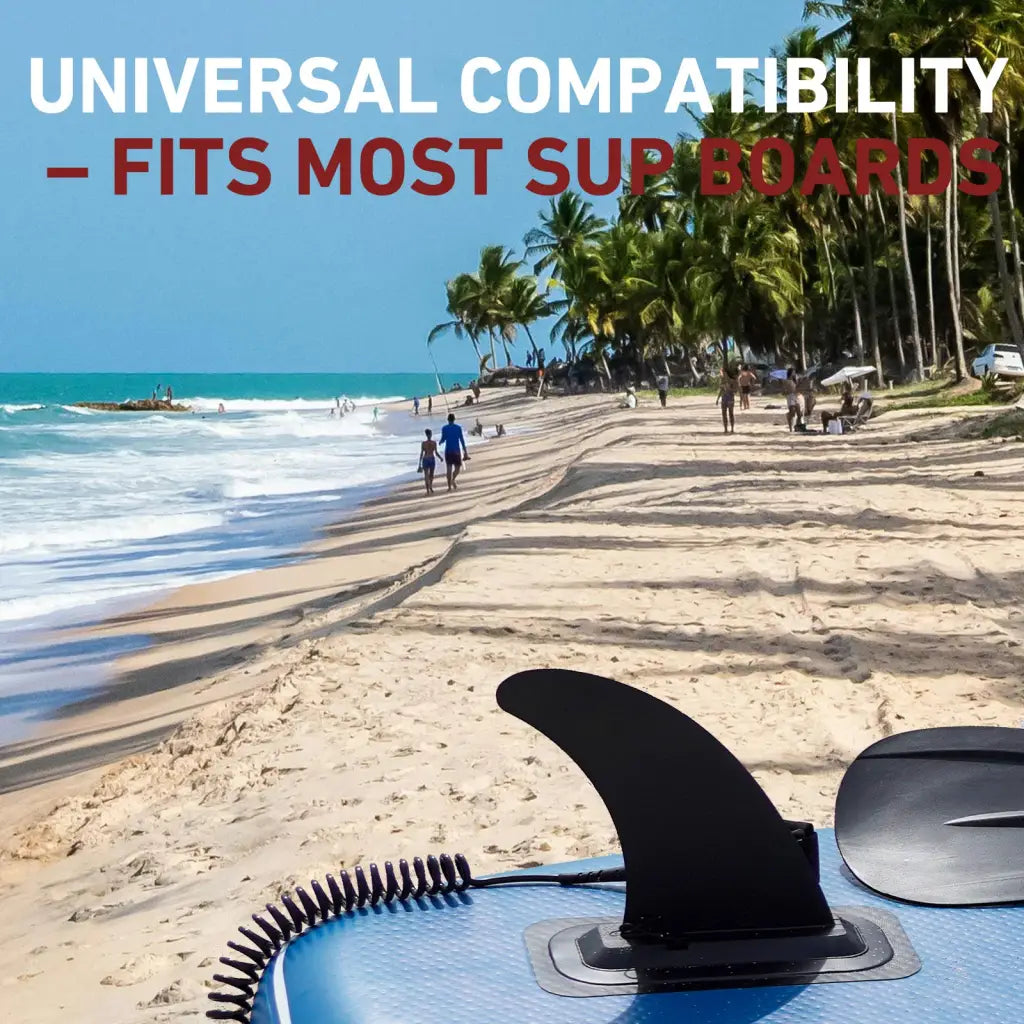 Black removable center fin for SUP and kayak stability on inflatable paddle board