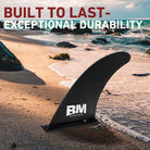 Black removable center fin for SUP and kayak stability on inflatable paddle board