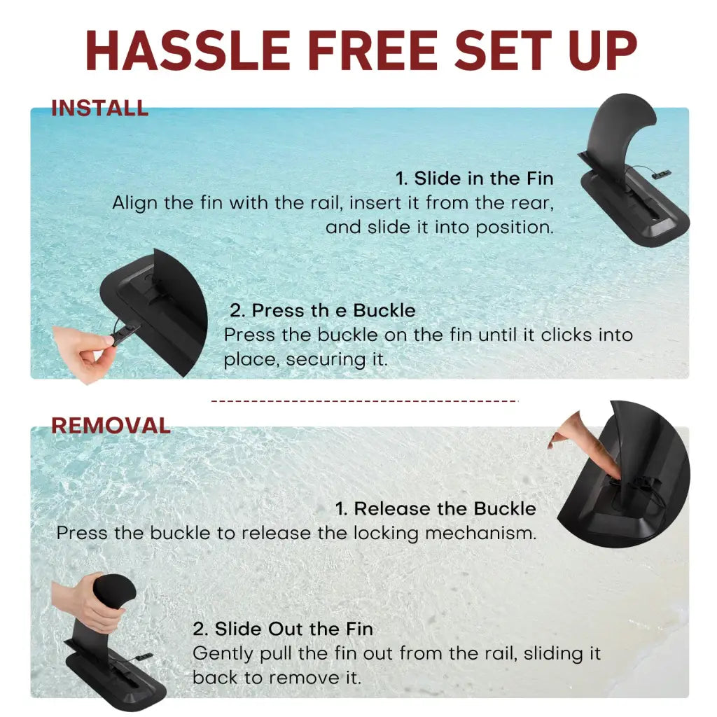 Removable center fin installation and removal instructions for inflatable paddle board stability