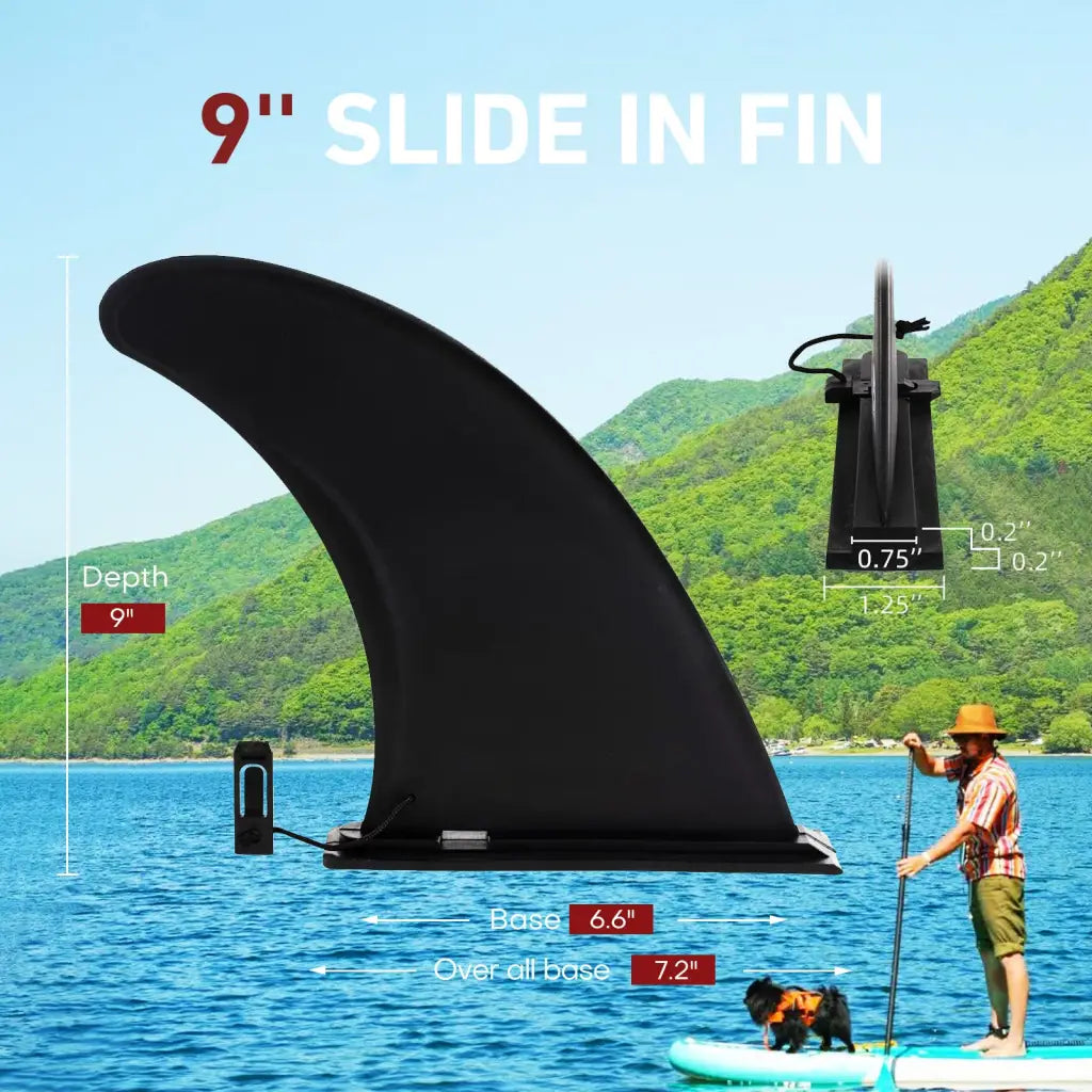 Black 9-inch removable center fin for SUP and kayak stability on inflatable paddle board