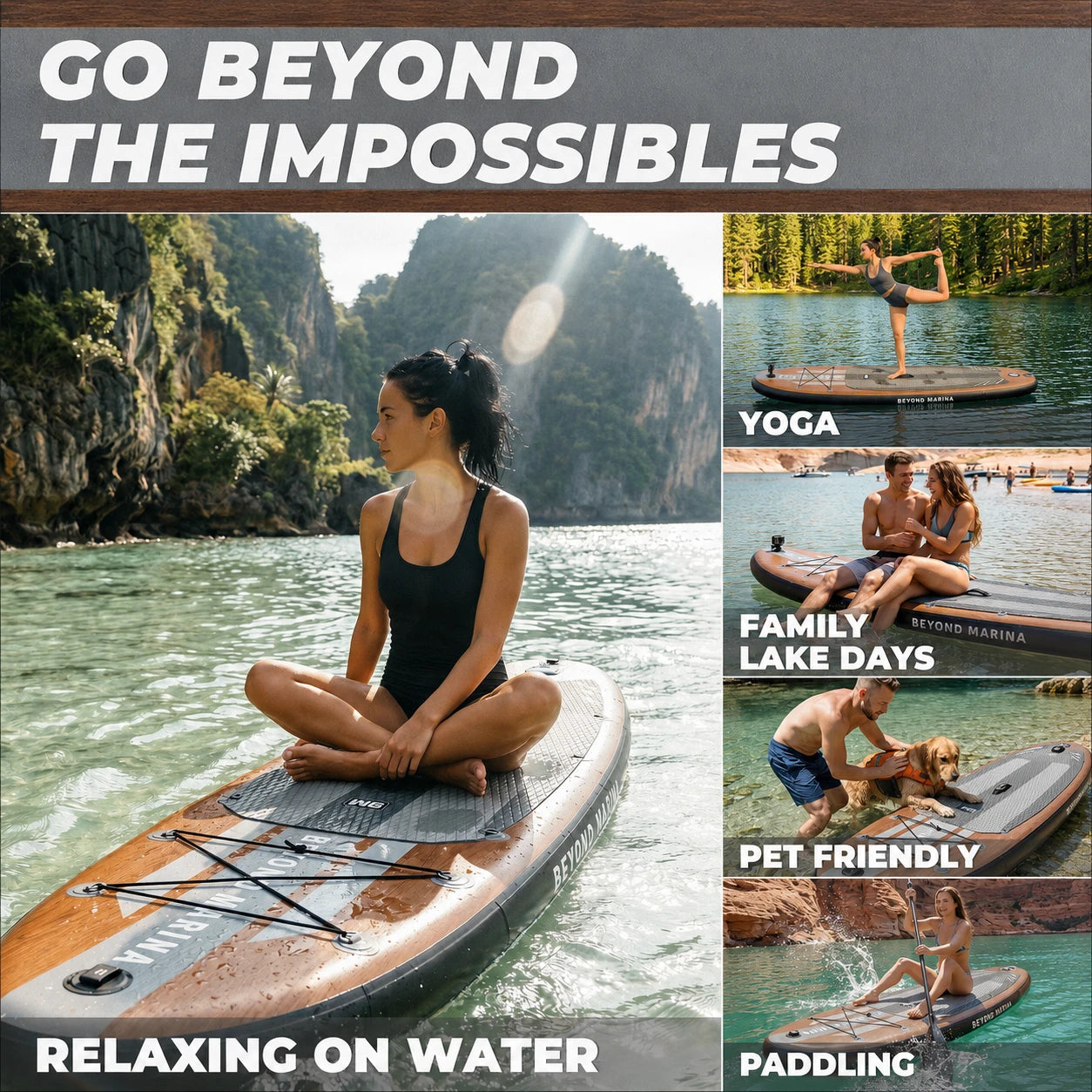 Woman on a paddleboard with scenic background and lifestyle images of people using the product.