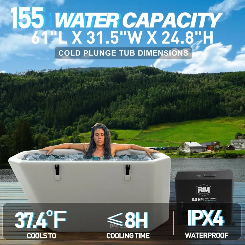 White ergonomic full-body inflatable ice bath tub with chiller