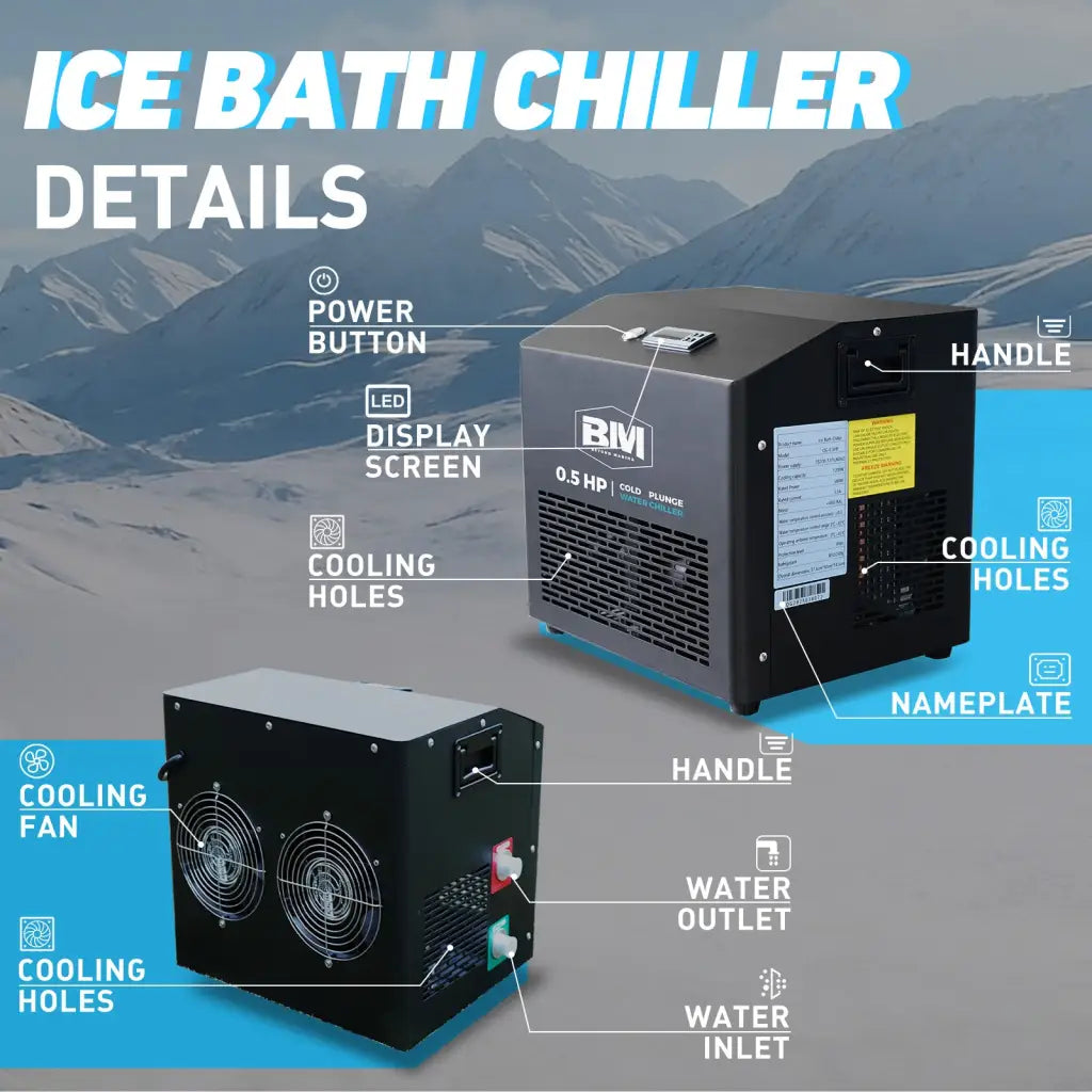 Black and gray BM inflatable ice bath chiller with digital display and ports