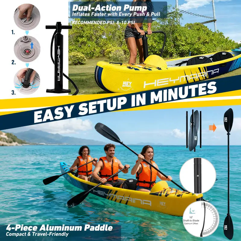 3-person inflatable kayak with pump, paddle, life jackets for fishing