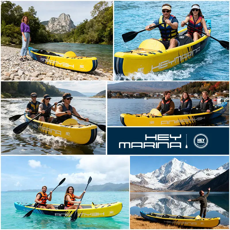 Yellow 3-person inflatable kayak with Hey Marina branding for fishing