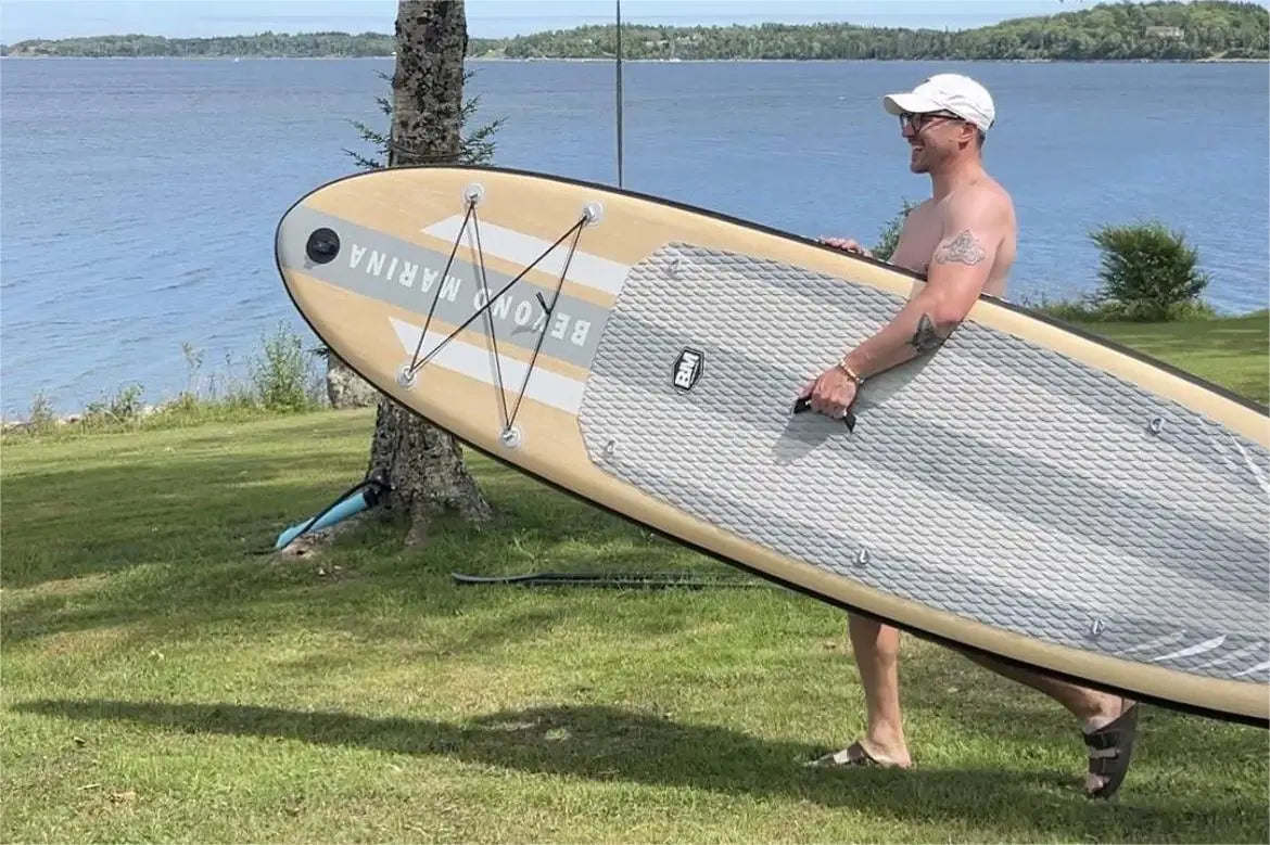 Inflatable paddle board with oak wood grain design perfect for versatile water adventures