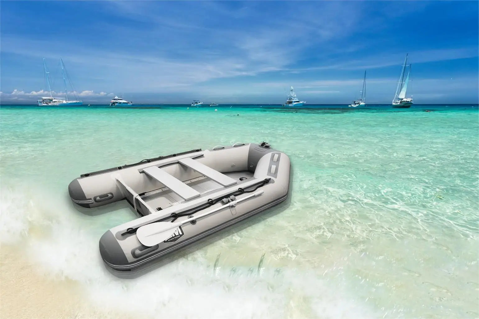 Inflatable gray dinghy with oars, ideal dinghy boats for short trips and key differences in larger vessels