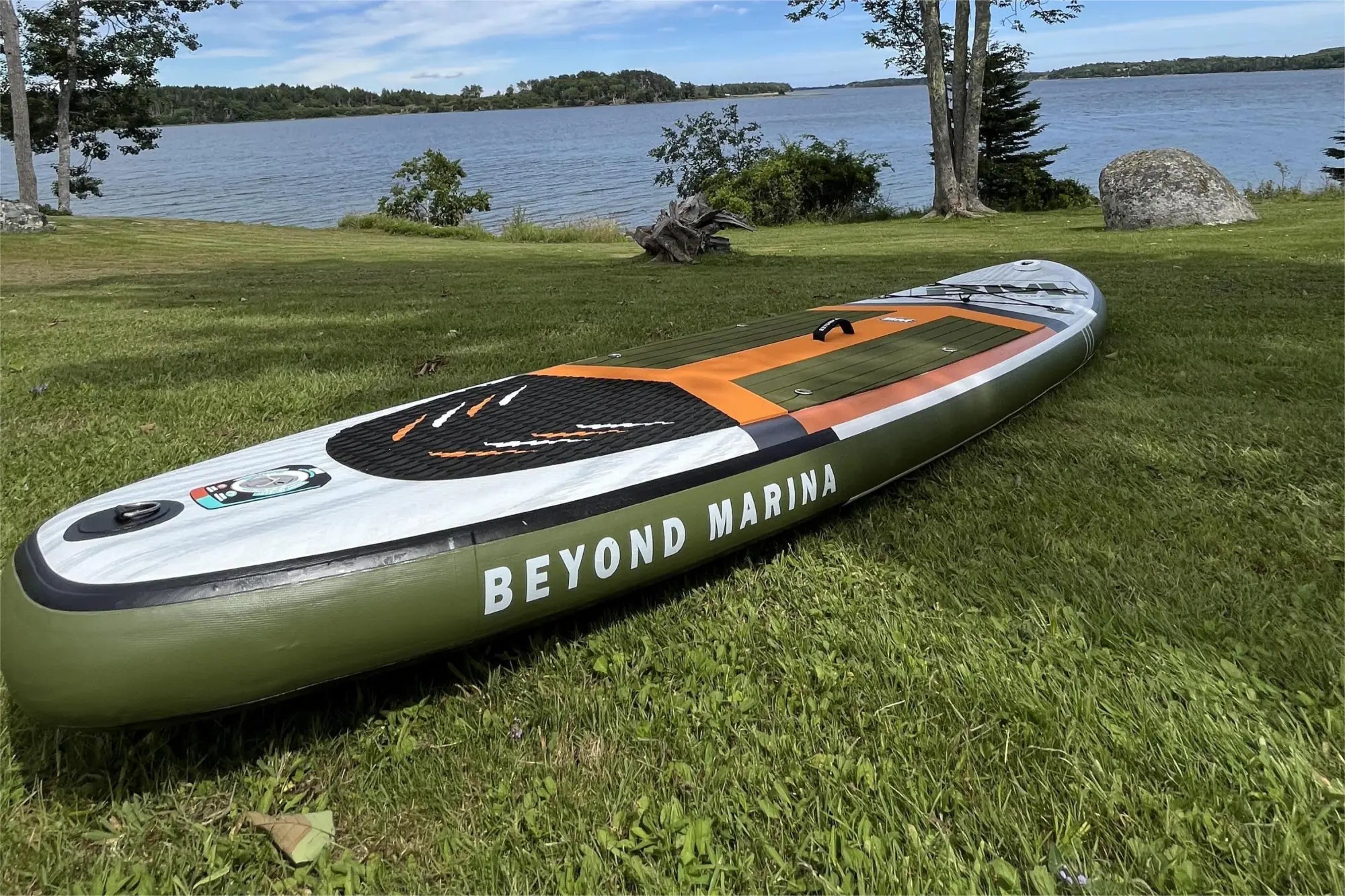 Inflatable golf series paddleboard in military green with wood-grain texture and orange accents
