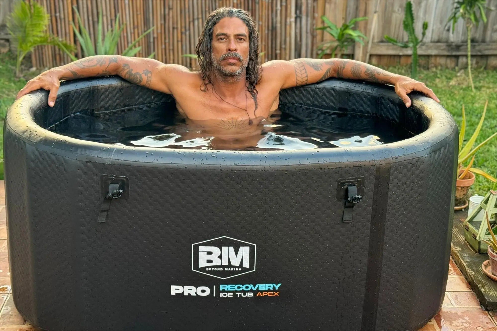 Inflatable ice tub by Beyond Marina for effective cold water immersion recovery.