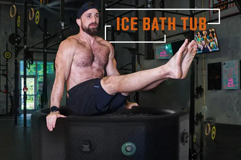 Man doing a squat on a machine near inflatable drop stitch ice tubs in gym setting