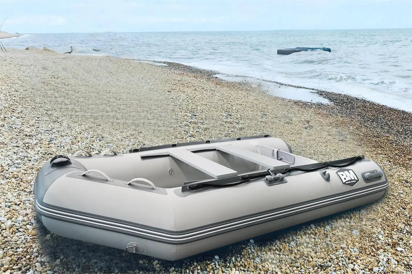 Inflatable gray sport boat dinghy suitable for watercraft registration and durability