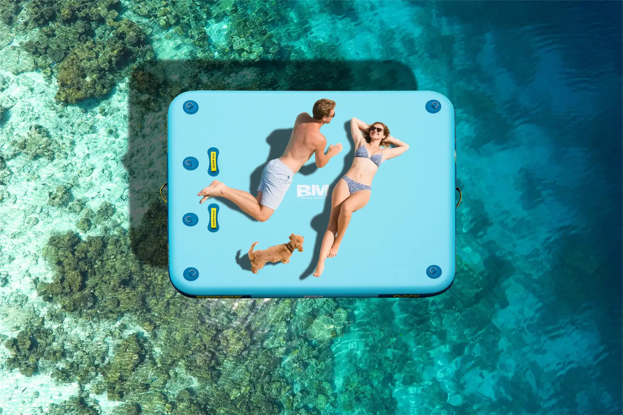 Floating blue inflatable dock platform with people and a dog for Vanlife adventures