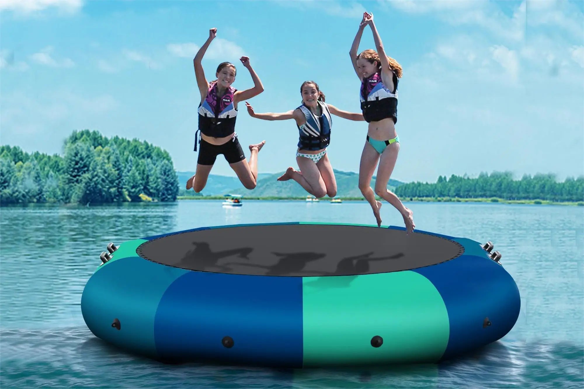 Inflatable water trampoline with children jumping, ideal marina water trampoline for fun