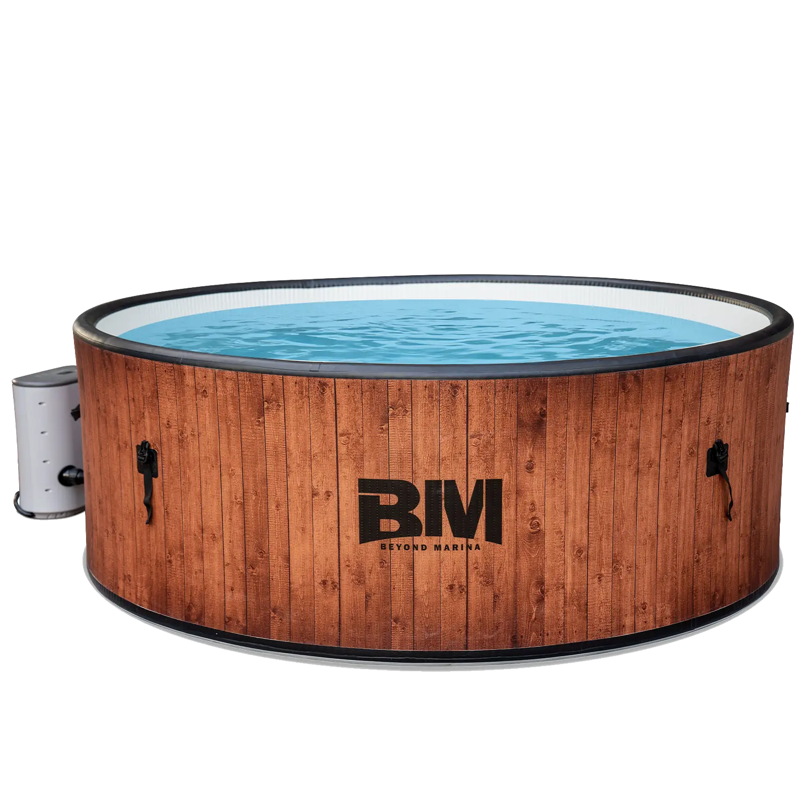 Modern wooden hot tub with blue water and BM brand logo in hot tub collection