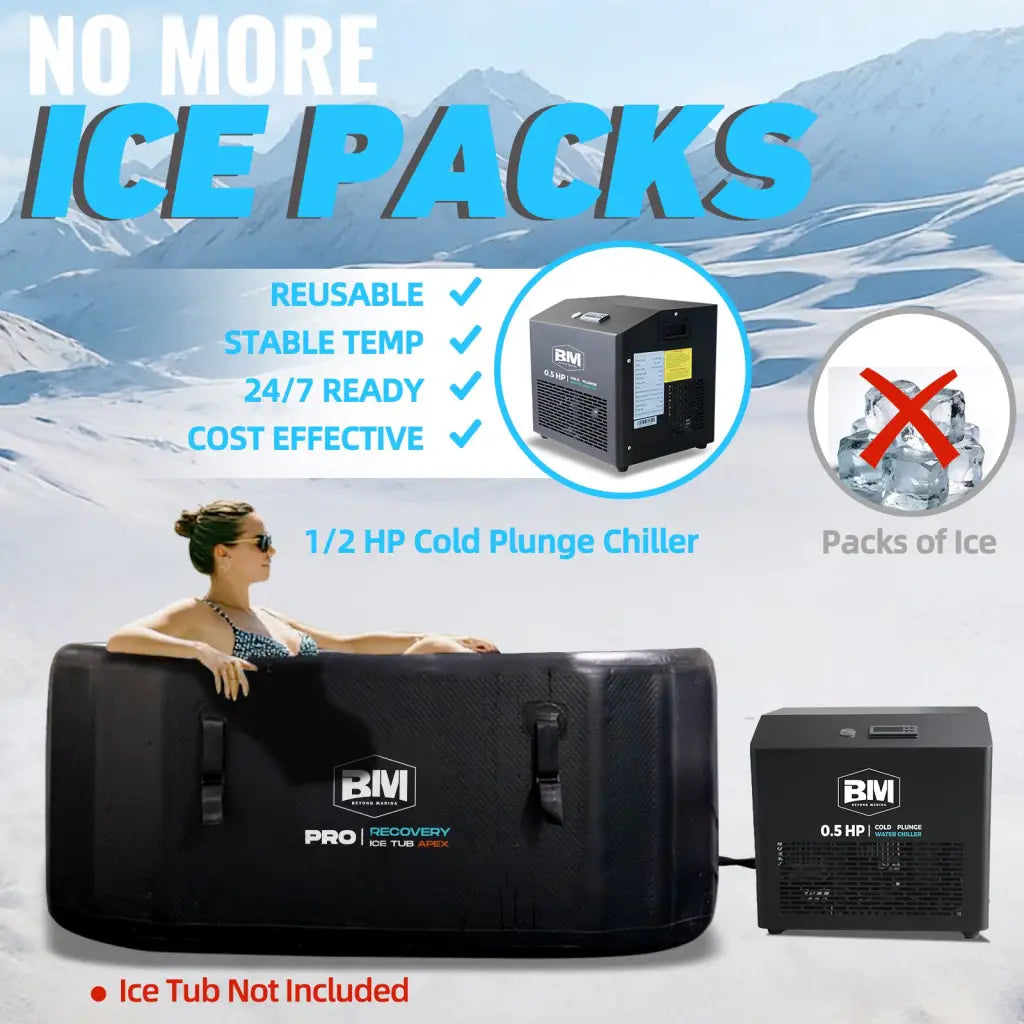 Black inflatable ice tub with 0.5 HP ice bath chiller and WiFi control