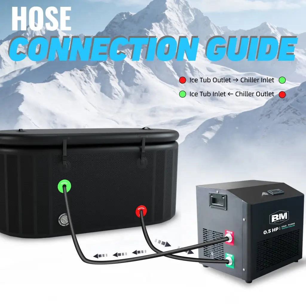 Black inflatable ice tub with ice bath chiller hose ports